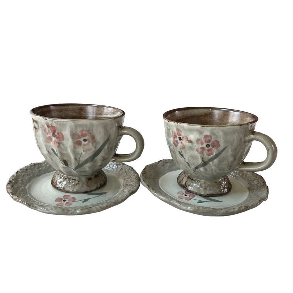 Stoneware set of 2 tea cups with saucers